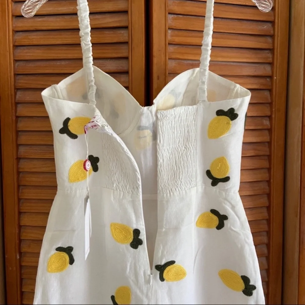 NEW Anthropologie Red Carter Linen Lemon Embroidered Mini Dress - Picture 7 of 16